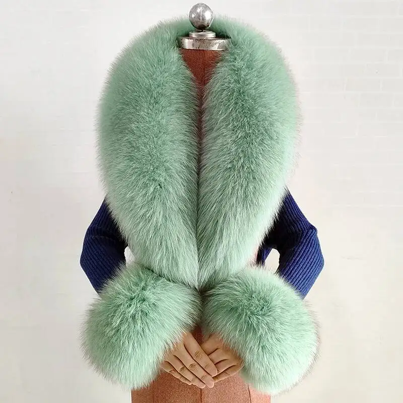 100 % natürlicher Fuchspelz-Schal und Manschetten-Set für Damen, Winterjacke, Pelzkragen, authentische Halstücher, luxuriöse Fuchspelz-warme