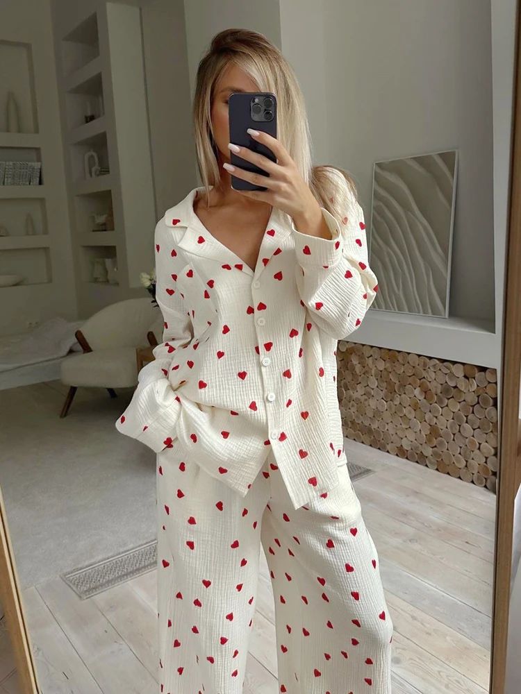 Hiloc Love Print Cotton Pajamas For Women Single-Breasted Pocket New In Women\'s Sleepwear Lapel Long Sleeve Woman Clothing 2023