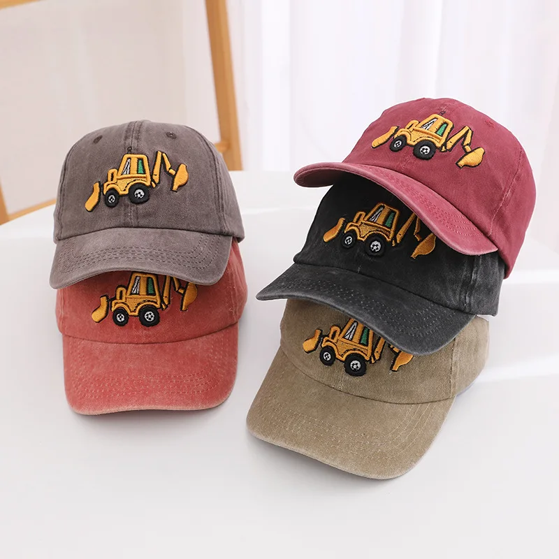 Kids Baseball Caps Fashion Cartoon Adjustable Hats for Boys Girls Excavator Embroidery Summer Retro Sun Protection Hat Baby Caps