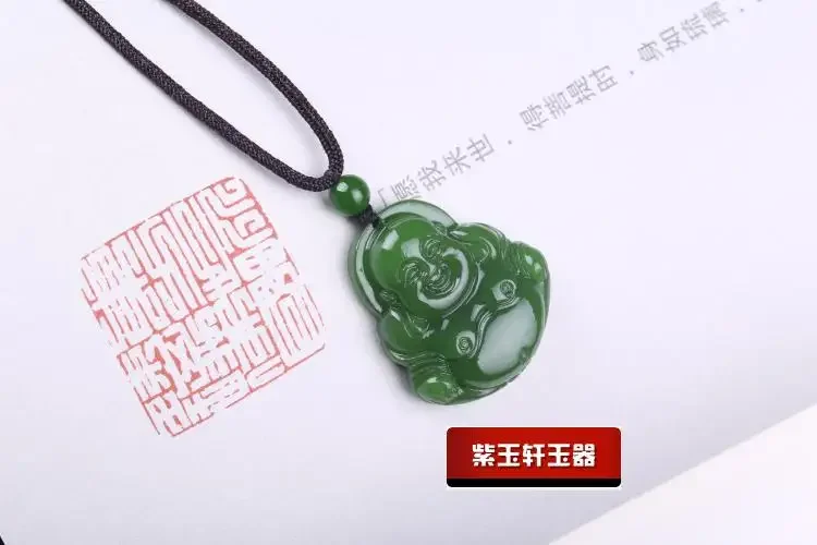 Chinese Xinjiang green Jade Maitreya Buddha Pendant Hand Carving Necklace Fashion Amulet Luck Gifts Men Sweater Chain Free Rope