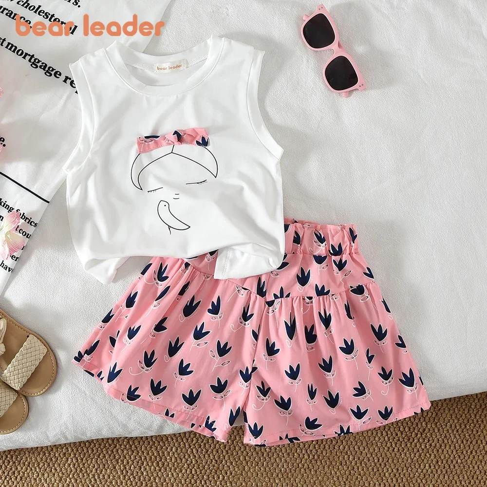 Bear Leader Clearance Sale Summer Casual Girls' Clothing Cartoon Girls Printed Bow T-shirt + Printed Shorts Powder Two-piece Set