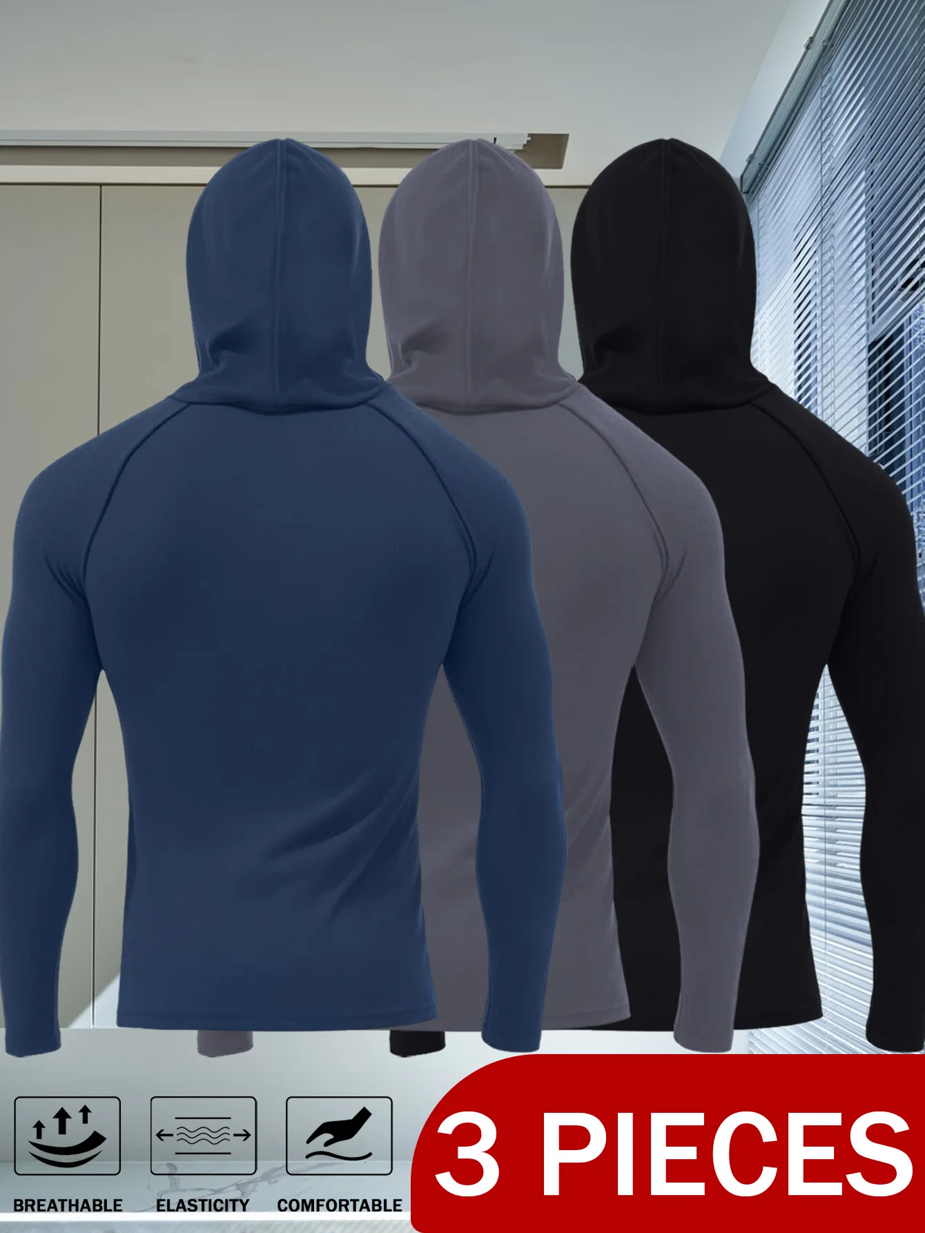 طقم قمصان رياضية بغطاء للرأس مكون من 3 قطع، قمصان أداء بأكمام طويلة