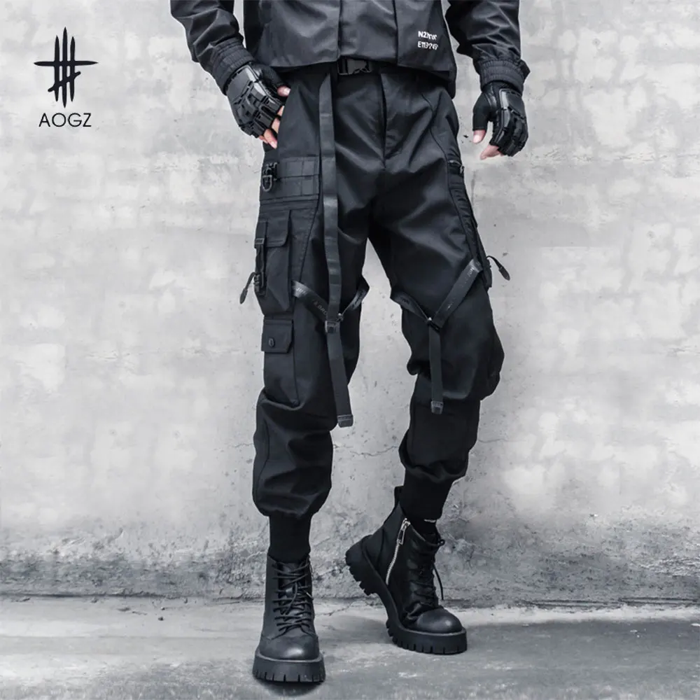 

AOGZ Harajuku хип-хоп ленты карманы брюки-карго мужские техническая одежда тактические брюки повседневные свободные брюки для бега с эластичной резинкой на талии черные