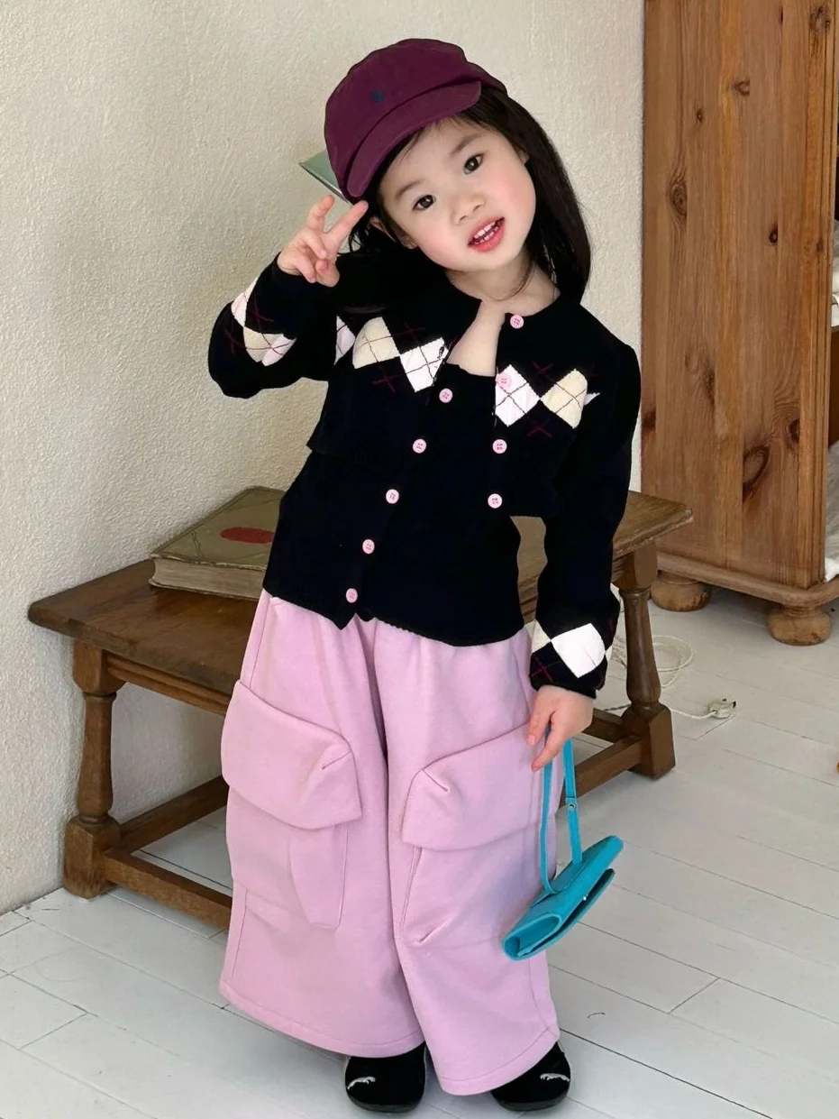 女の子韓国風ニットチェック柄ワイドレッグパンツセット春の新作ファッショントレンディな衣装ホルターネックカーディガンとパンツのアンサンブル