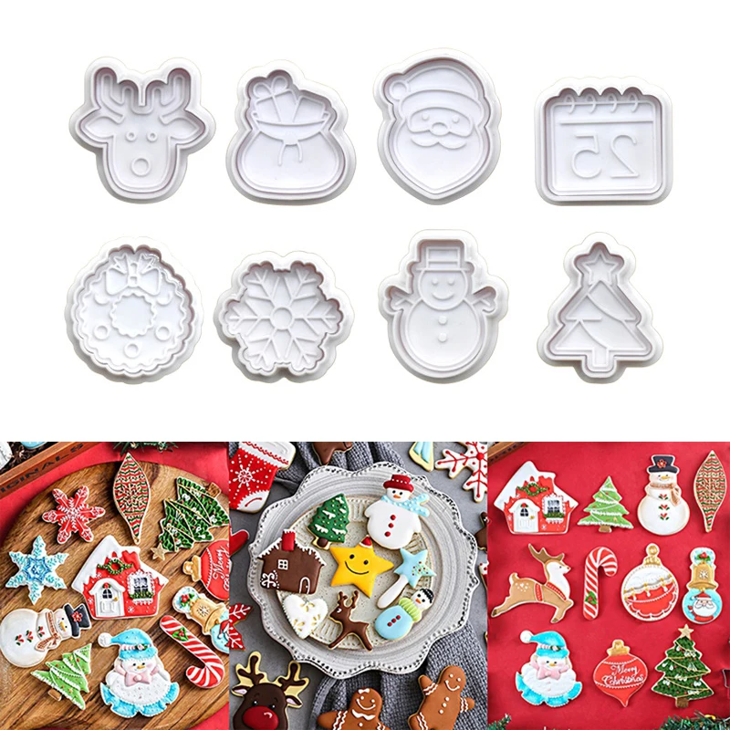 Christmas 3D Cookie Cake Plunger Cutter Santa Claus Snowman Elk Cookie Stamp for Biscuits Fondant Sugarcraft Decor Baking Tools