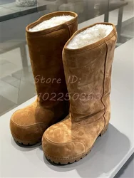 Brown Retro Thick Sole Big Head Boots Round Toe Wool Mid-calf Slip-on Square Heel Shoes 2024 Women Plush Snow Boots Winter