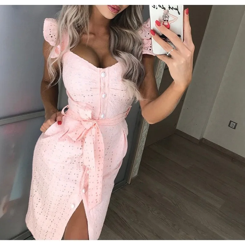 

Летнее милое женское платье с рукавами-крылышками, однотонное длинное платье с высокой талией и квадратным вырезом, вышитое облегающее сексуальное платье с запахом на бедрах