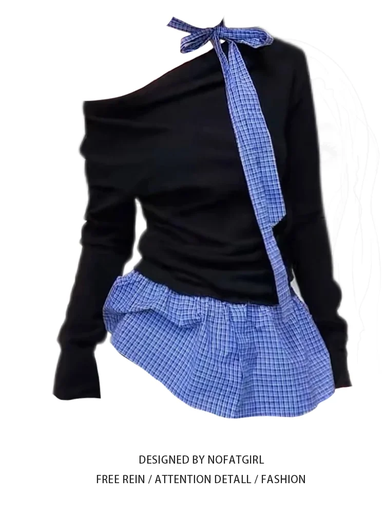 

Women Patchwork Plaid Shirts and Blouses Y2k Vintage Korean Harajuku Fashion 90s Elegant Long Sleeve Shirt Top Clothes