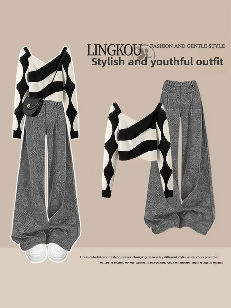 Casual Stripe Top And High Waist Wide Leg Pants Two Piece Set for Women Autumn Fashion Ensemble Slimming Effect Younger Look