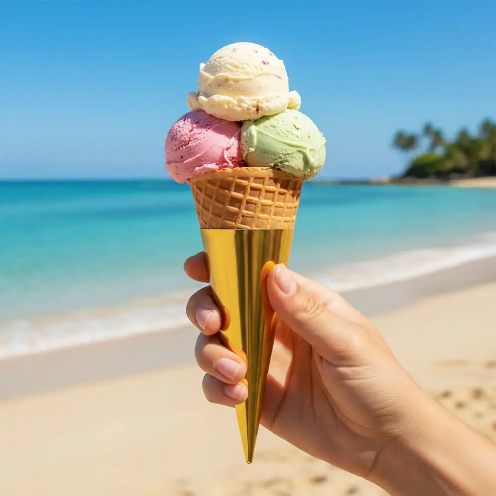 

100PCS Aluminum Foil Paper Disposable Ice Cream Holder Thickened Anti-soiling Ice Cream Cone Sleeve Solid Color Hand-held