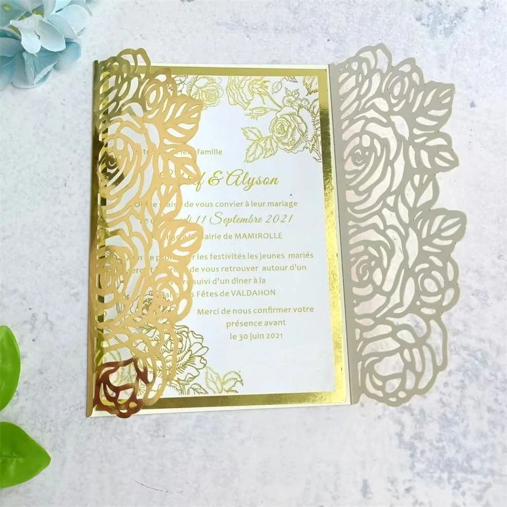 Metallic Gold Invitation Rose Laser Cut Card For Wedding Engagement Birthday Party Greeting Card 50 sets