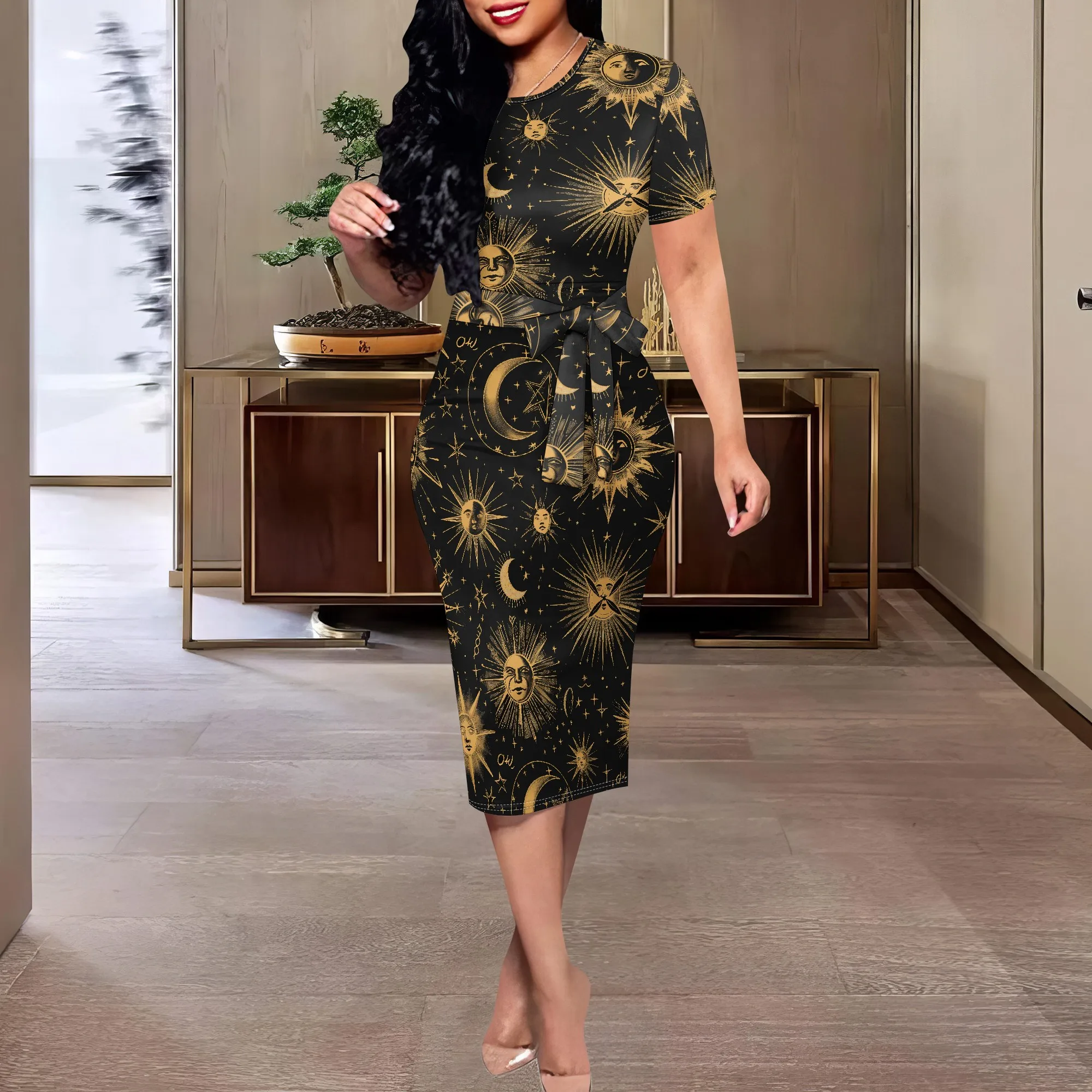 

‌Gold Celestial Sun Moon Print Bodycon Dress XS-3XL Belted Midi for Halloween, Tarot Night or Spiritual Energy Look