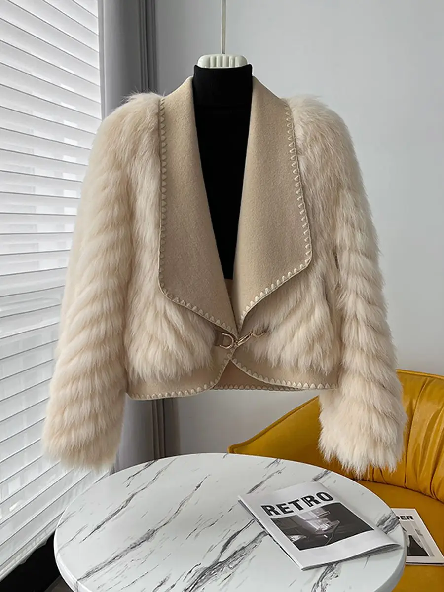 Faux Fur and Wool Reversible Coat with Fox Fur Collar Autumn Winter Fashionable Jacket Women Chic Flocking Plush Aesthetic