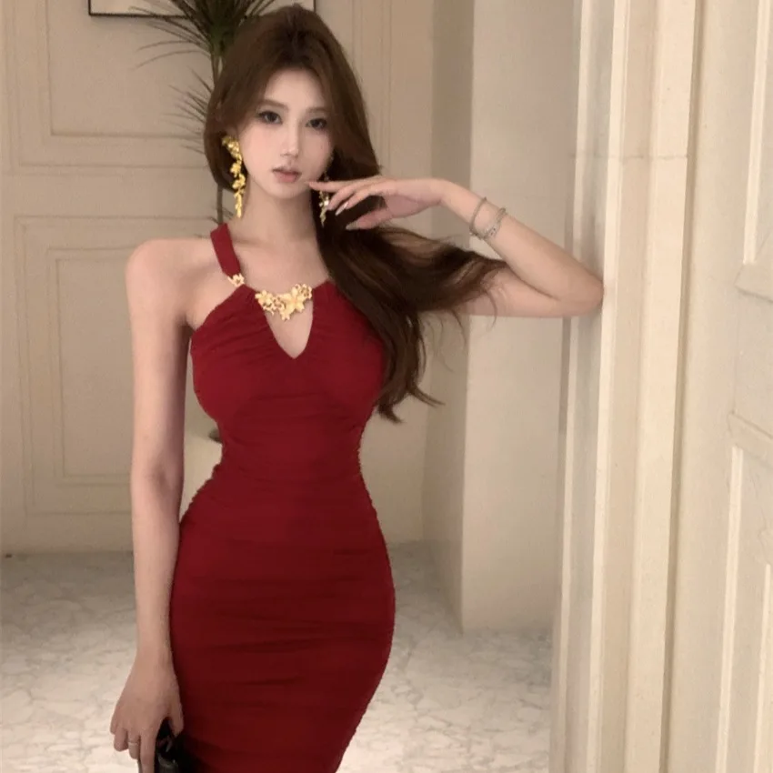 레드 피이 테일 드 네 행잉 메탈 블루 스플라이스 거즈 슬리밍 드 스프링 가을 신상 여성 패셔너블 가운