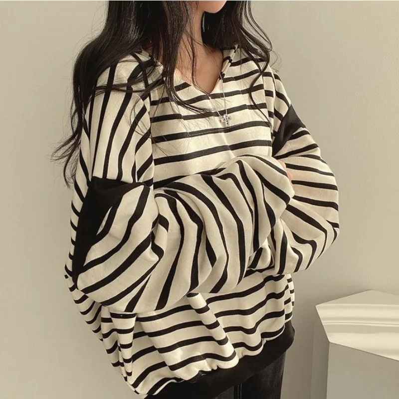 V-neck Striped Sweater Women's Hooded Spring and Autumn Winter Clothing Casual Round Neck Pullover Thin Velvet