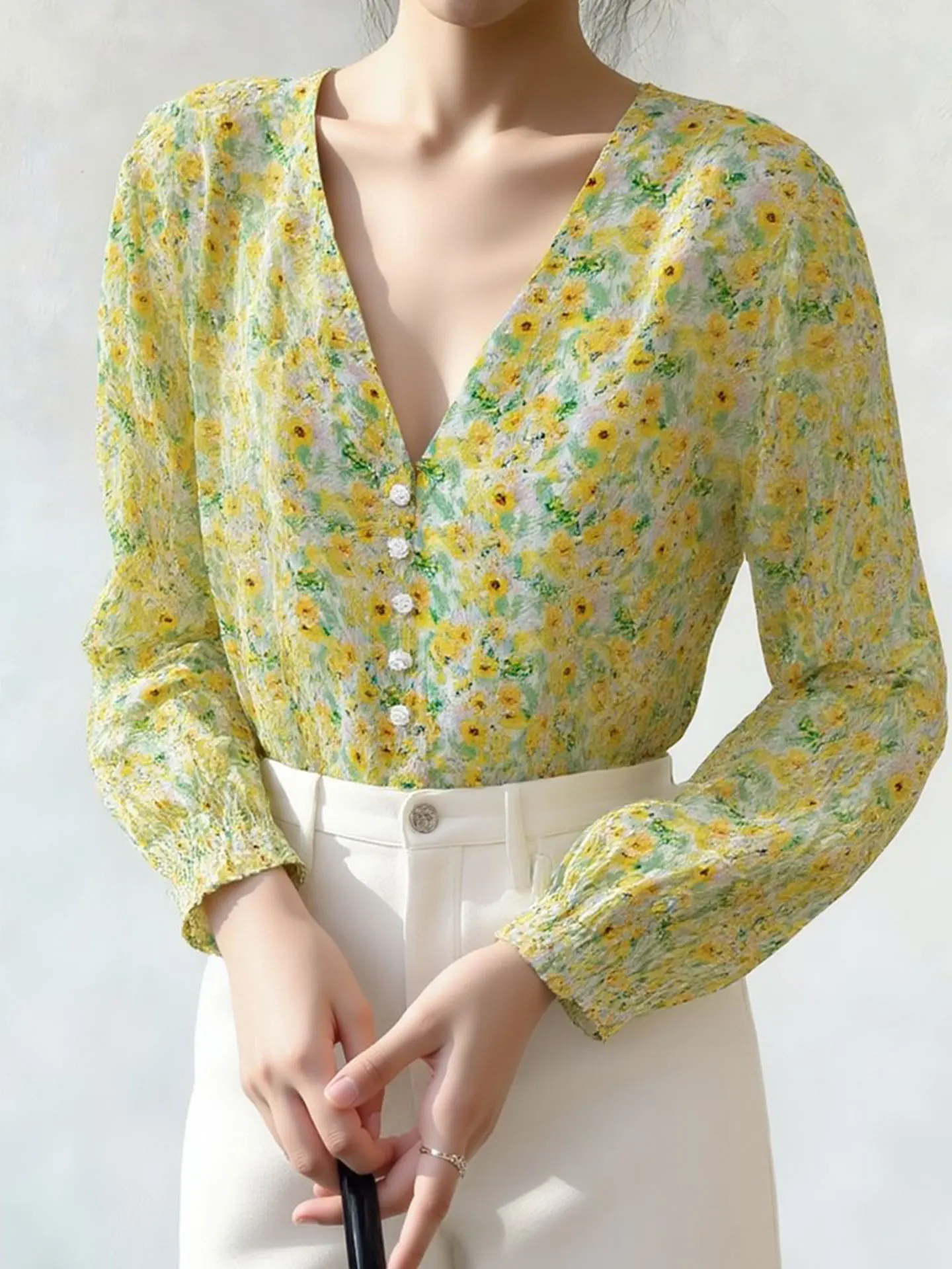 

Korean Sle Fre Floral V-Ne Long Sve irt Spring Faion High-End Sensation Small Top Silk Women's Premium irt