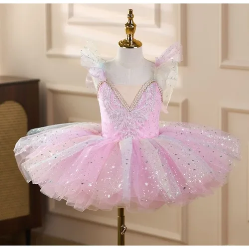 Vestido de Ballet para niños, siete colores, vestido de princesa con lentejuelas para niñas, tutú de Ballet, ropa de baile, faldas tutú de rendimiento