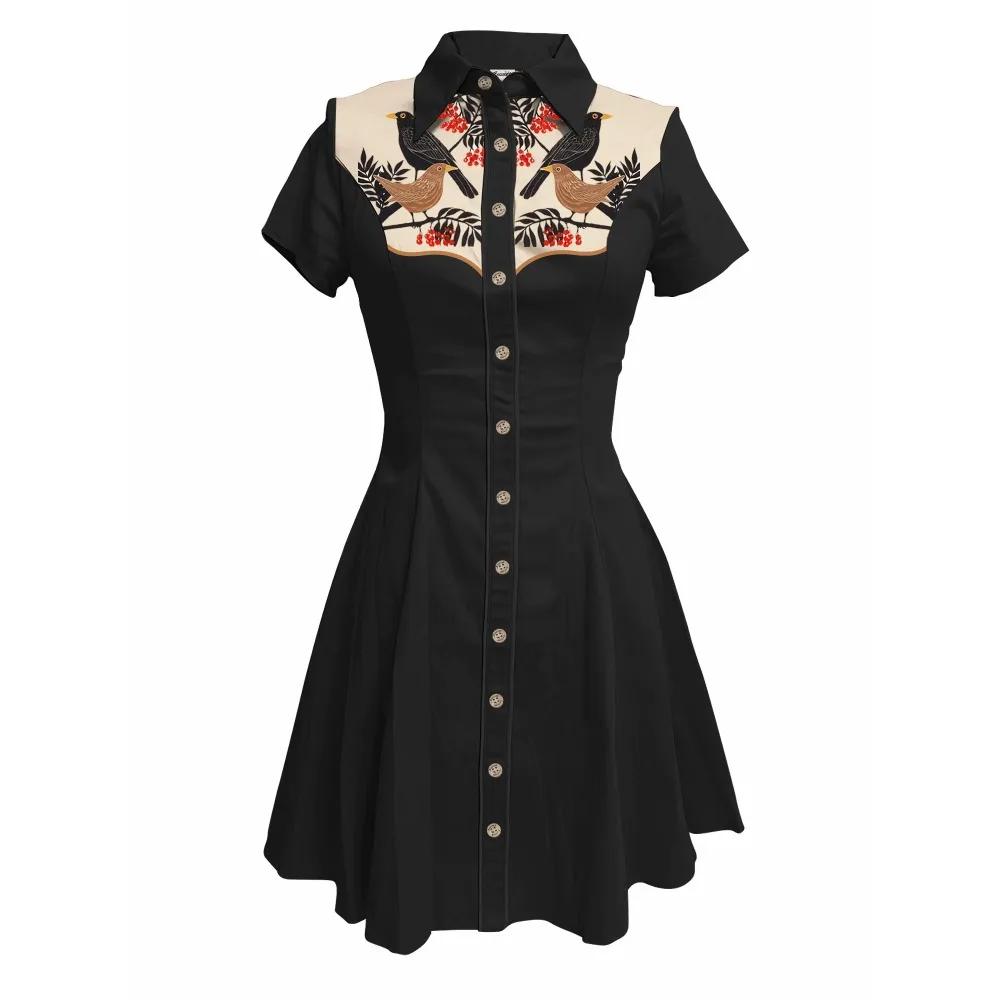 นกและดอกไม้พิมพ์ผู้หญิงชุดคาวบอยตะวันตกแขนสั้นปุ่มลงผ้าฝ้าย 100% เซ็กซี่ชุดลําลองบางชุดสีชมพู