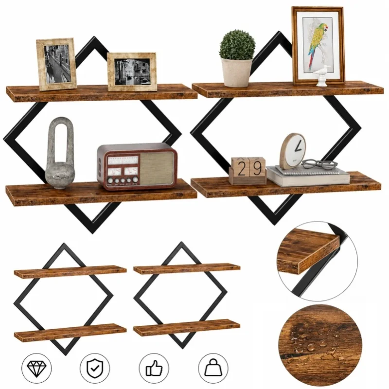 2 Stück Holz-Schweberegale, 2-stufige Hängeregale zur Wandmontage, Retro-Wandregale, doppelschichtiges rustikales Holz-Aufbewahrungsregal für Badezimmer, Küche, Wohnzimmerdekoration