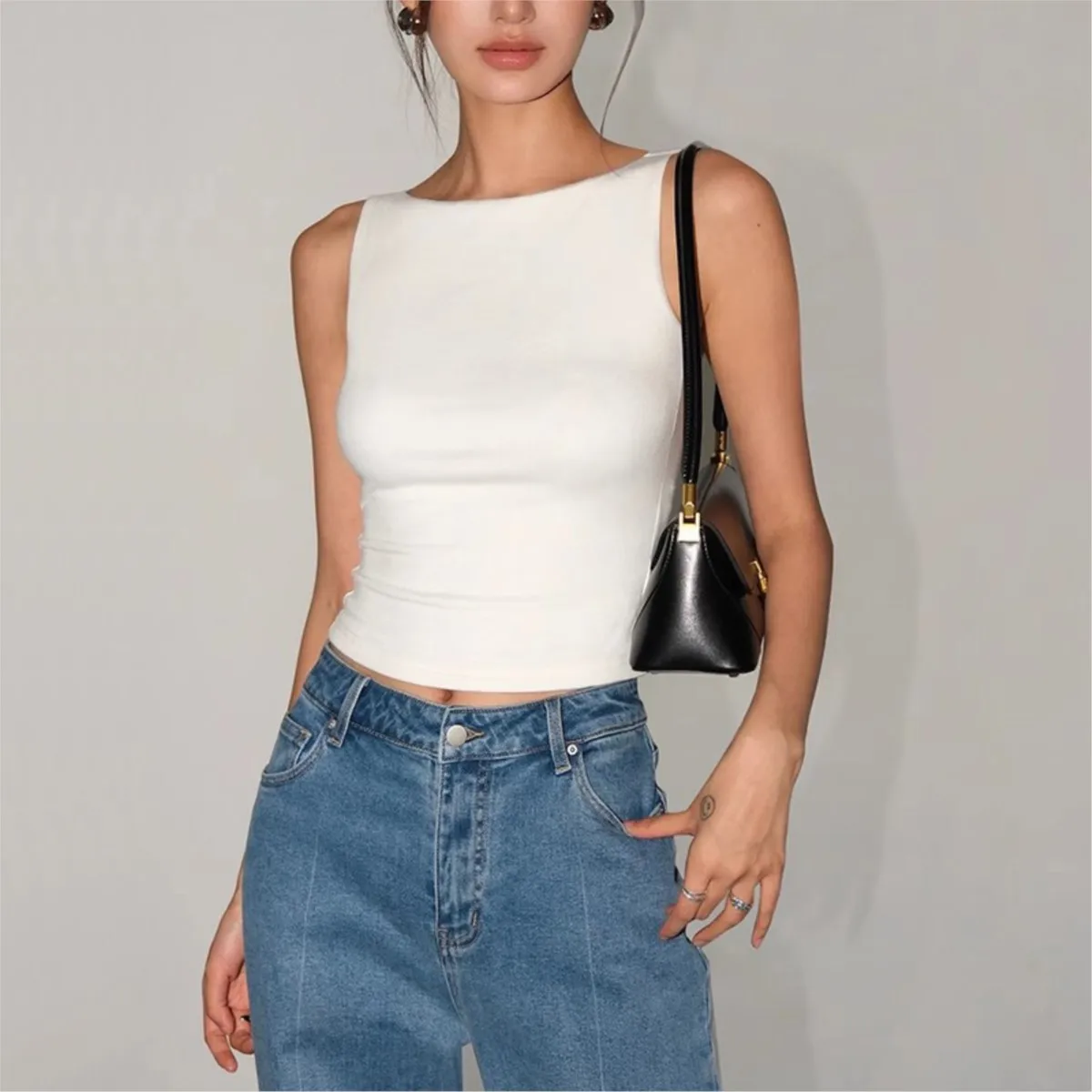 2024 traf Women Double Layer Boat Neck Soft Slinky Tank Top cotton elastic casual women crop tops shirts official store