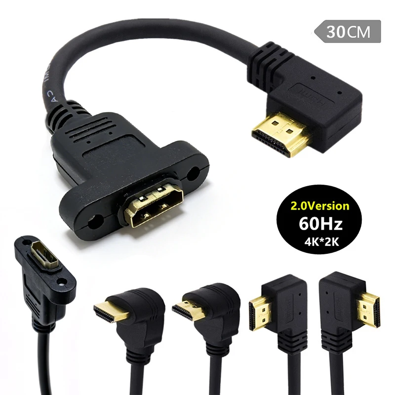 1PCS HDMI-Compatible 2.0v 4K*2K Angle 90 Degree Male to Female Extension Cable Panel Mount with Screw Hole For PSP HDTV