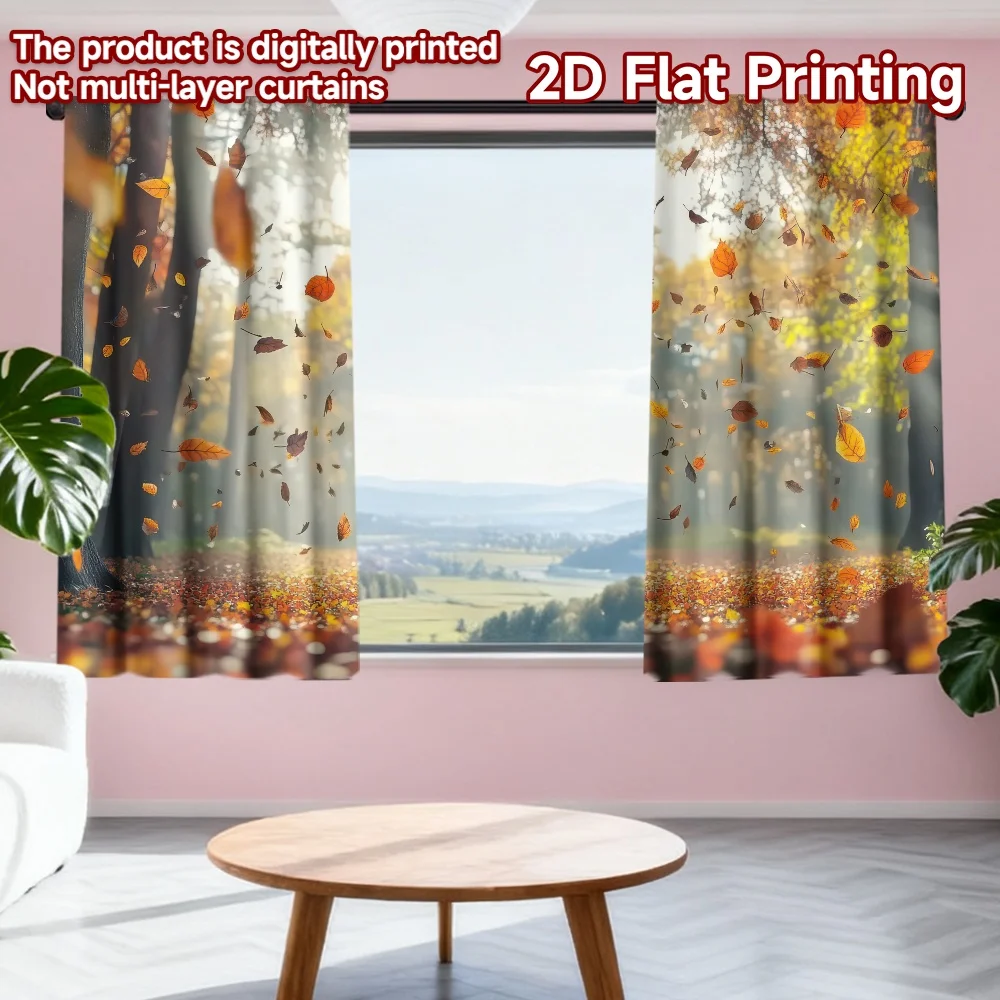 

2D flat printing 2pcs Party Curtains Autumn Falling Leaves Forest Digital Printed Polyester Drapes Party Decorations Use for