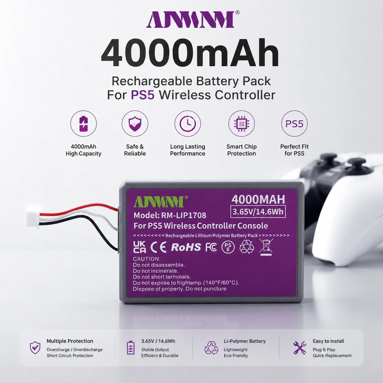 LIP1708 Battery 4000mAh For Sony PS5 Controller,Rechargeable Built-in Lithium For DualSense Game Controller Battery