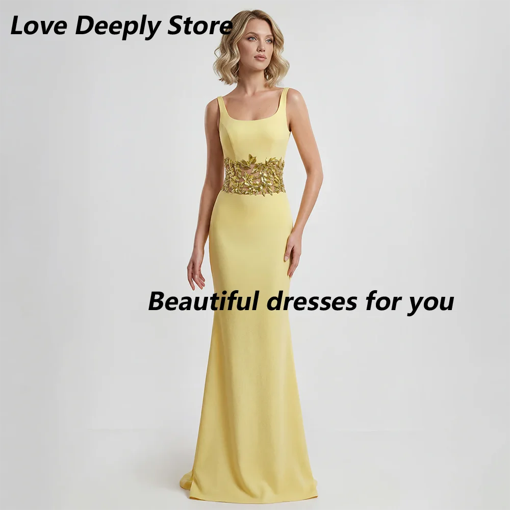 

Желтое выпускное платье на заказ с квадратным вырезом, расшитое бисером и аппликациями, длинное в пол, из джерси, фасона «русалка», вечернее платье для конкурсов и вечеринок