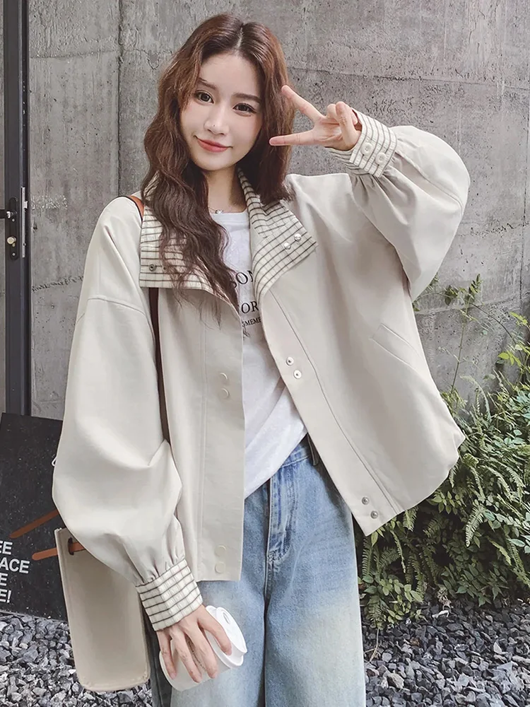 Elegant Women Sweet Jacket Fall Korean Long Sleeve Plaid Patchwork Short Coat Casual Vintage All Match Female Outwear Tops New