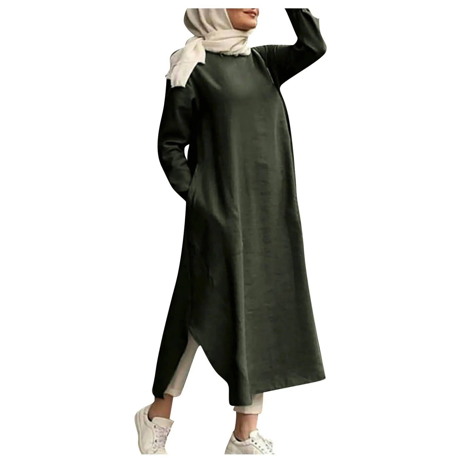 Frauen Retro Abaya lässig Rundhals ausschnitt Langarm Kleid Abaya Robe mit Taschen Frühling einfarbig lose Saum Schlitz Maxi kleider