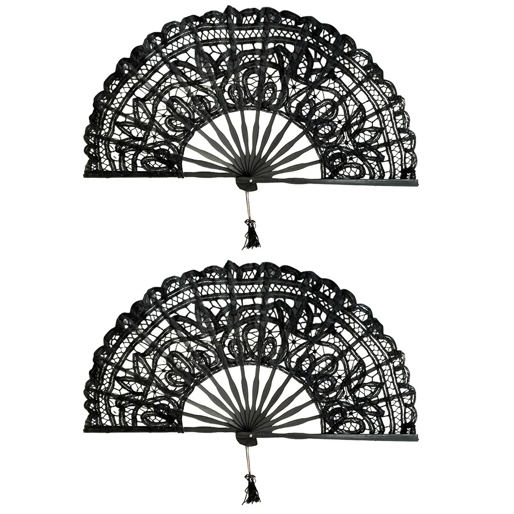 

2Pcs Vintage Lace Folding Fan Elegant Tassel Chinese Hand Fan Party Wedding Dance Props Decorative Portable Fans Handheld