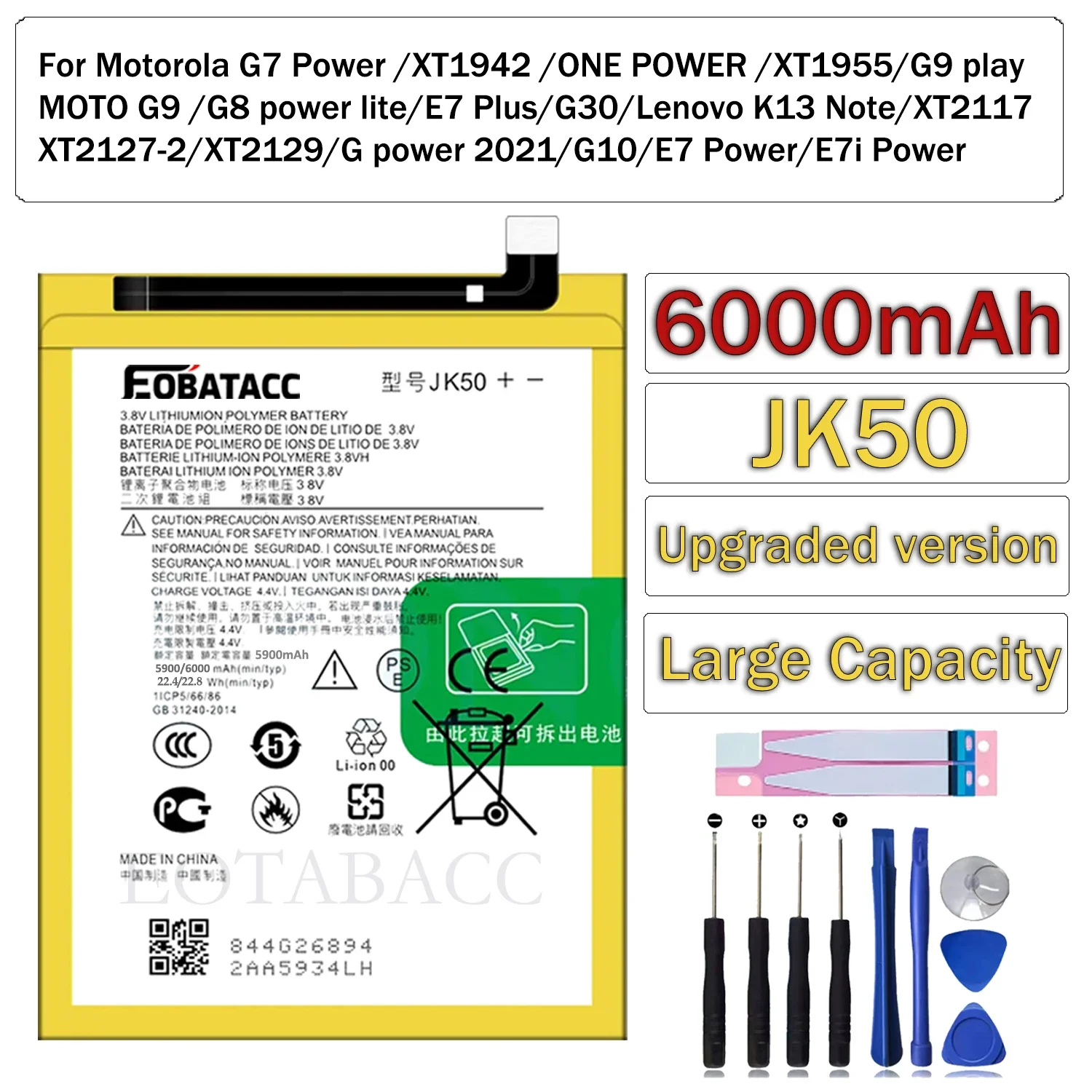 

EOTABACC 100% New Original Battery JK50 For Motorola G7 Power/G8 power lite/E7 Plus/G9 play/MOTO G9 6000mAh Battery + Free Tools