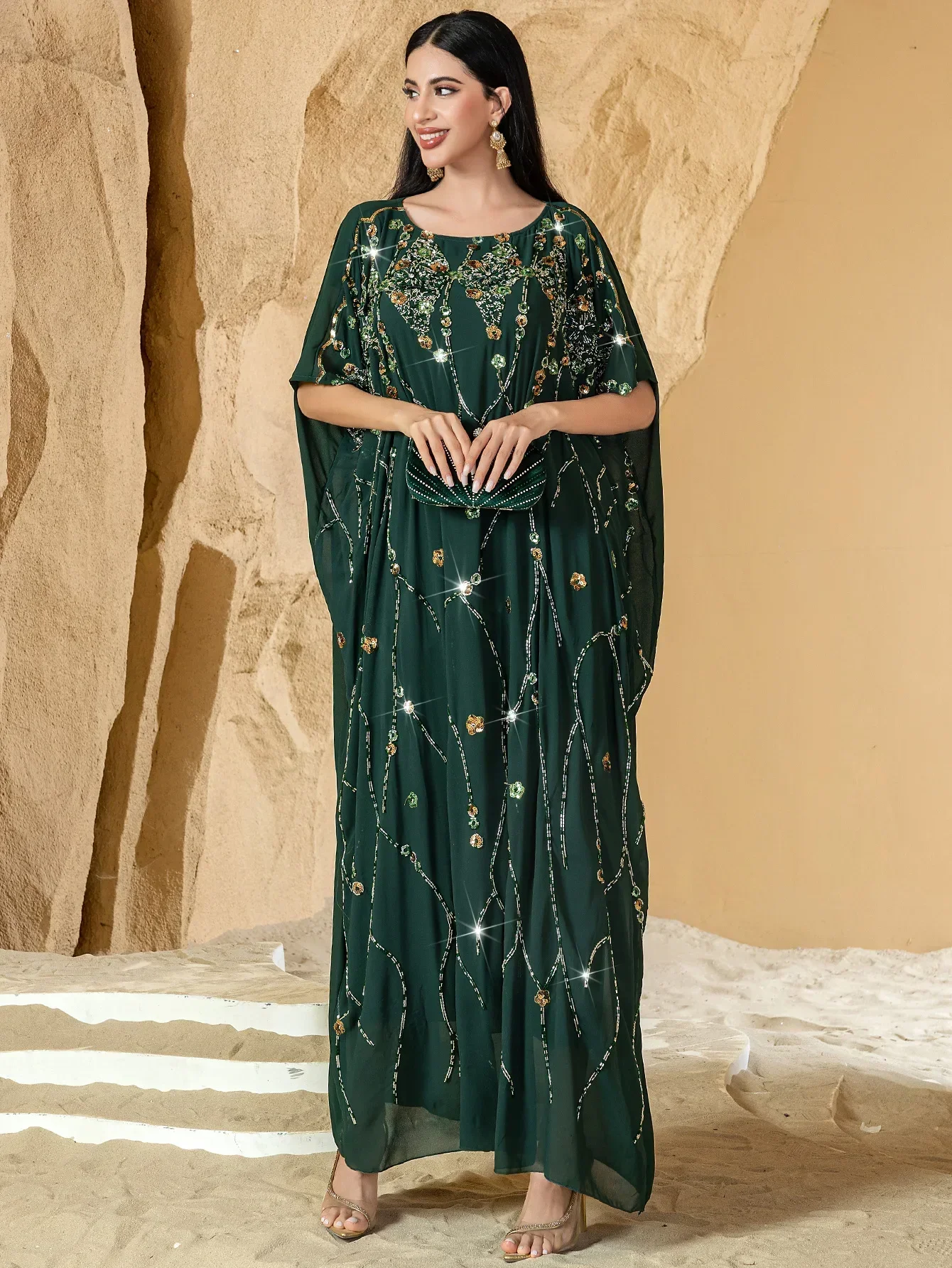 

2025 Summer Eid Djellaba Morocco Sequins Embroidery Abayas Short Sleeve Dresses Jalabiya Dubai Turkey Kaftan Women Muslim Robes