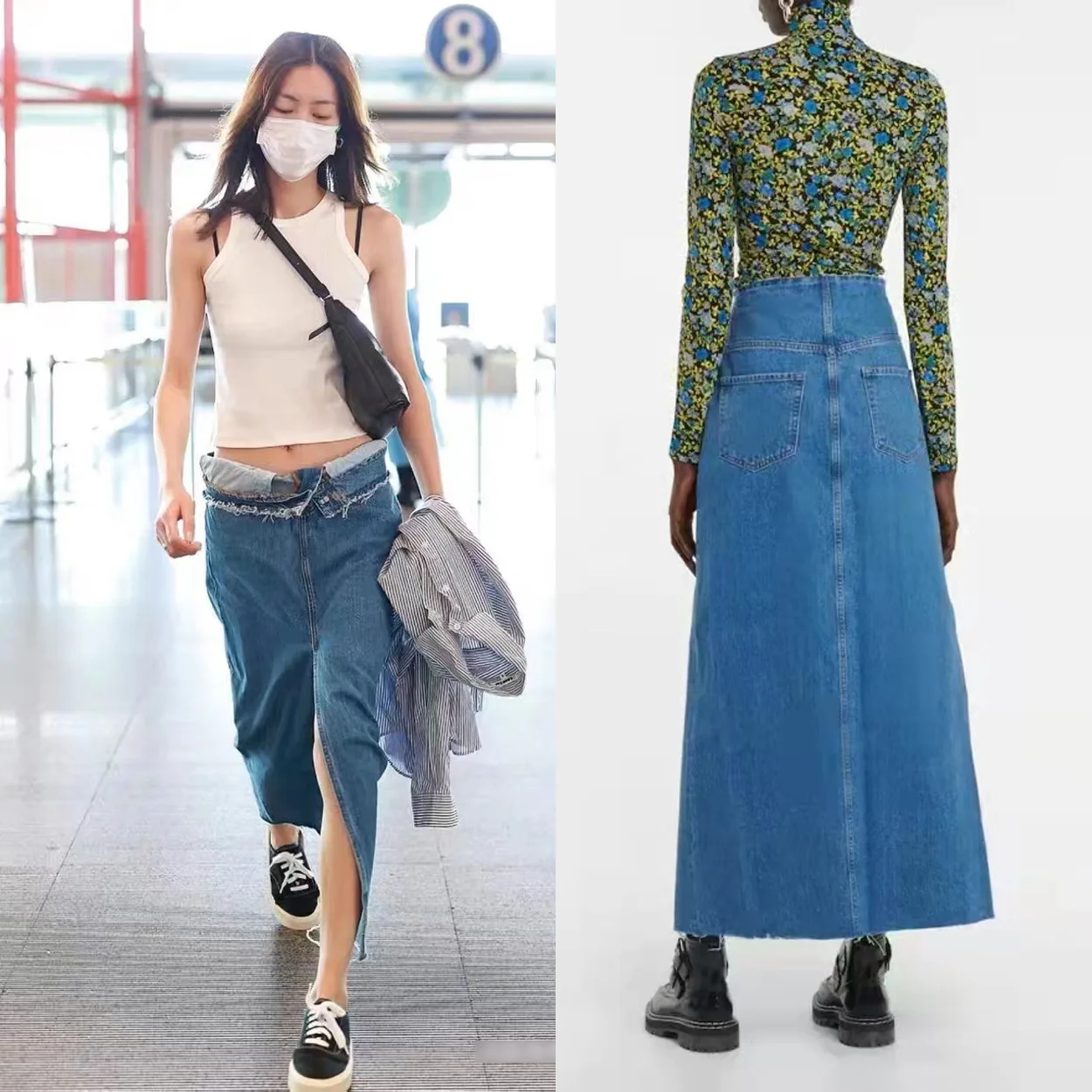 

Denim Skirt For Women 2024 New Spring/Summer Washed Blue High Waist Frayed Front Slit Design Midi Length Runway Style High