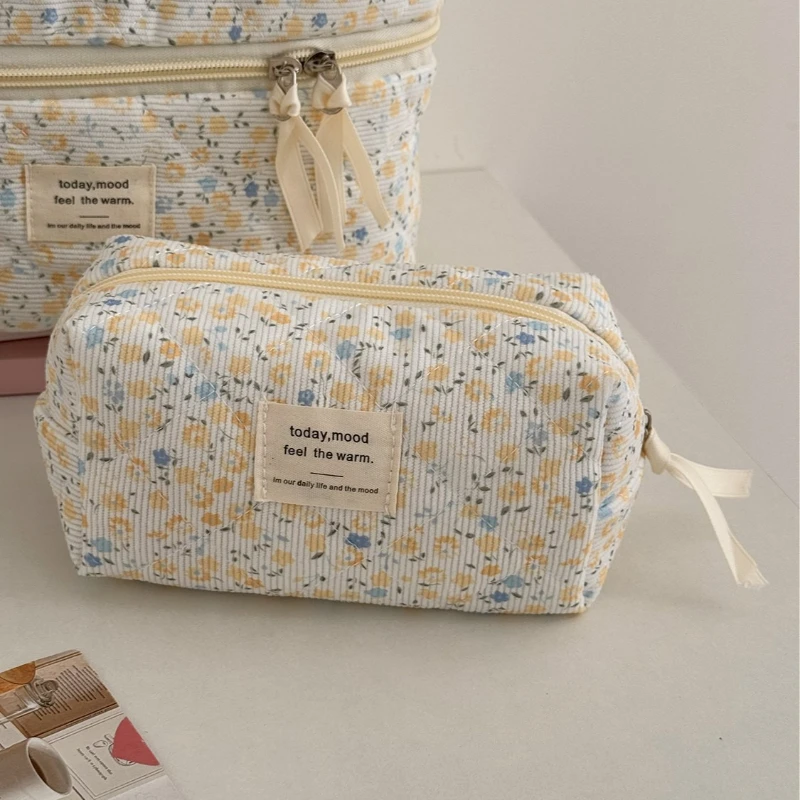Vintage Floral Corduroy Women Cosmetic Storage Bags Retro Travel Portable Ladies Handbags Simple Female Makeup Case Clutch Purse