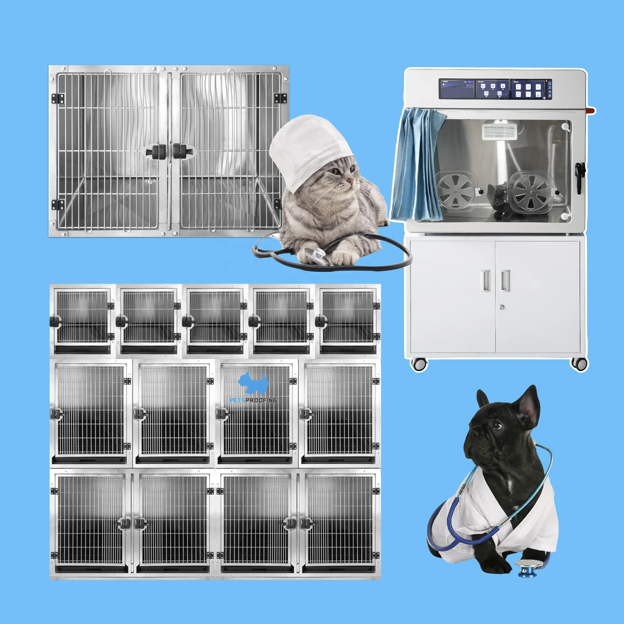 متعددة الوظائف 304 الفولاذ المقاوم للصدأ المعدات الطبية البيطرية CPV MRI أدوات قفص غرفة المرضى رعاية الكلاب