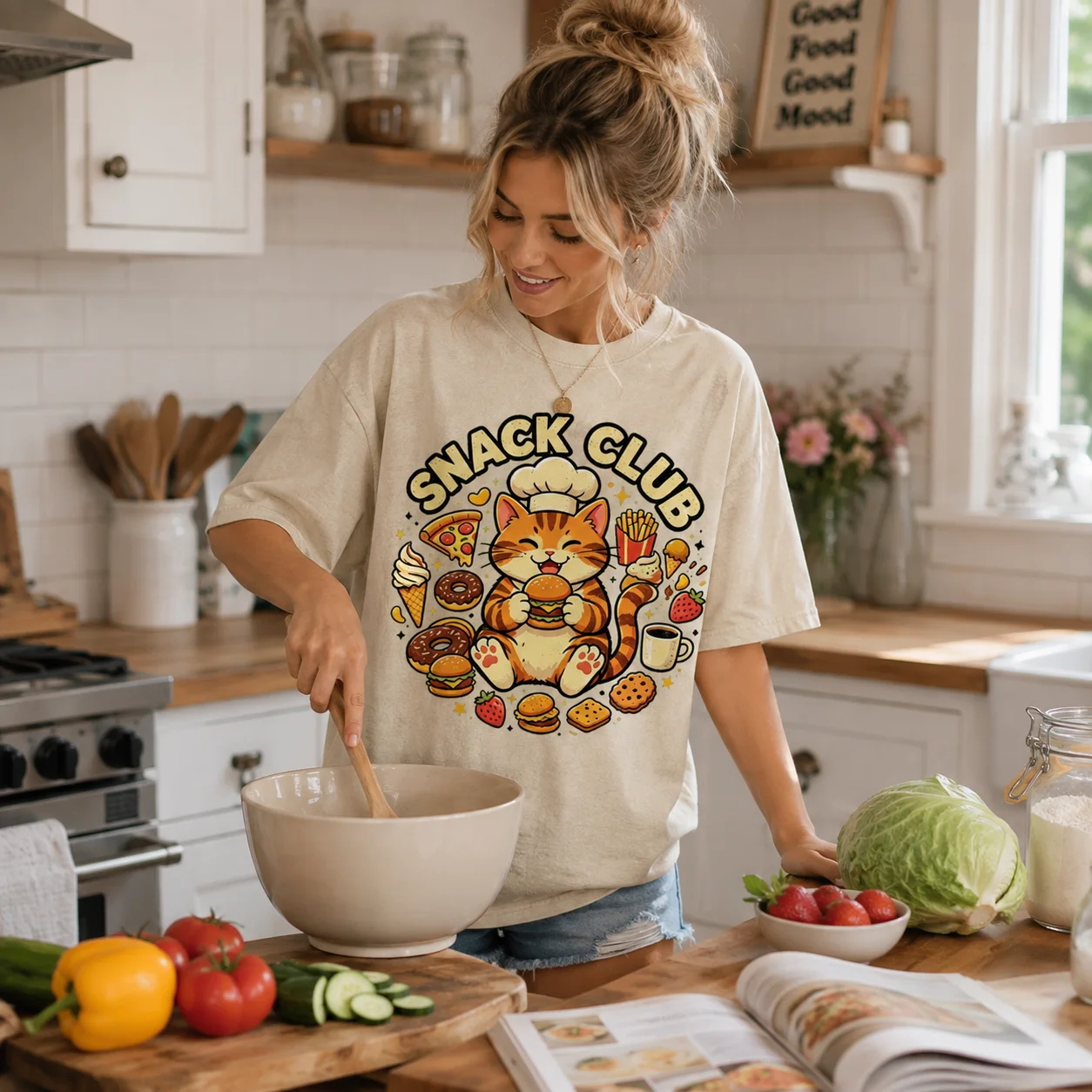 Snack Club Funny Cat Graphic T Shirt Women Casual Oversized Crew Neck Short Sleeve Vintage Cute Food Print Tee