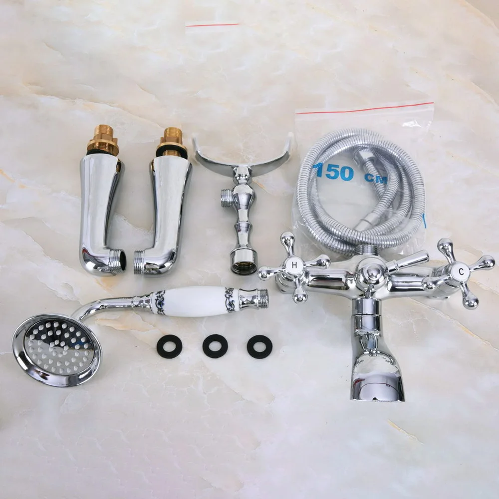 ポリッシュクローム真鍮製爪足バスタブ蛇口、ハンドシャワー付き - デッキマウント ana126