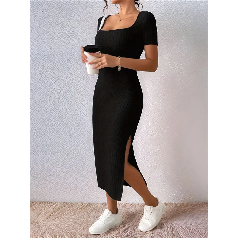 Feminino 2025 verão com nervuras manga curta bodycon maxi vestido lateral fenda malha pescoço quadrado longo vestido de verão