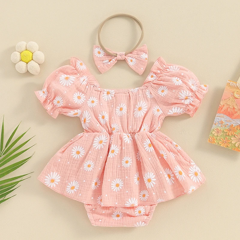 

Baby Girls Daisy Romper Bowknot Bodysuit Headband Short Sleeve Playsuits Floral Jumpsuit Infant Summer Clothes