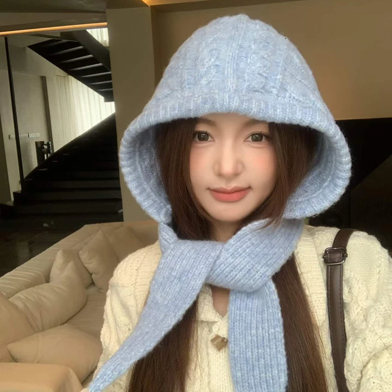 Winter New Wool-blend Balaclava Hats for Women Show Face Small Soft Ribbed Knitted Warm Ear Protection Knitted Beanies Cap