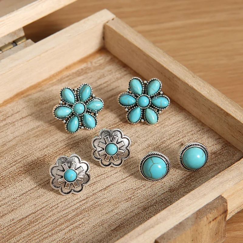 3 Pair Western Stone Earrings Gift Set Concho Style Turquoise Flower Stud Blue Beach Wedding Jewelry for Women Earring Studs Pac