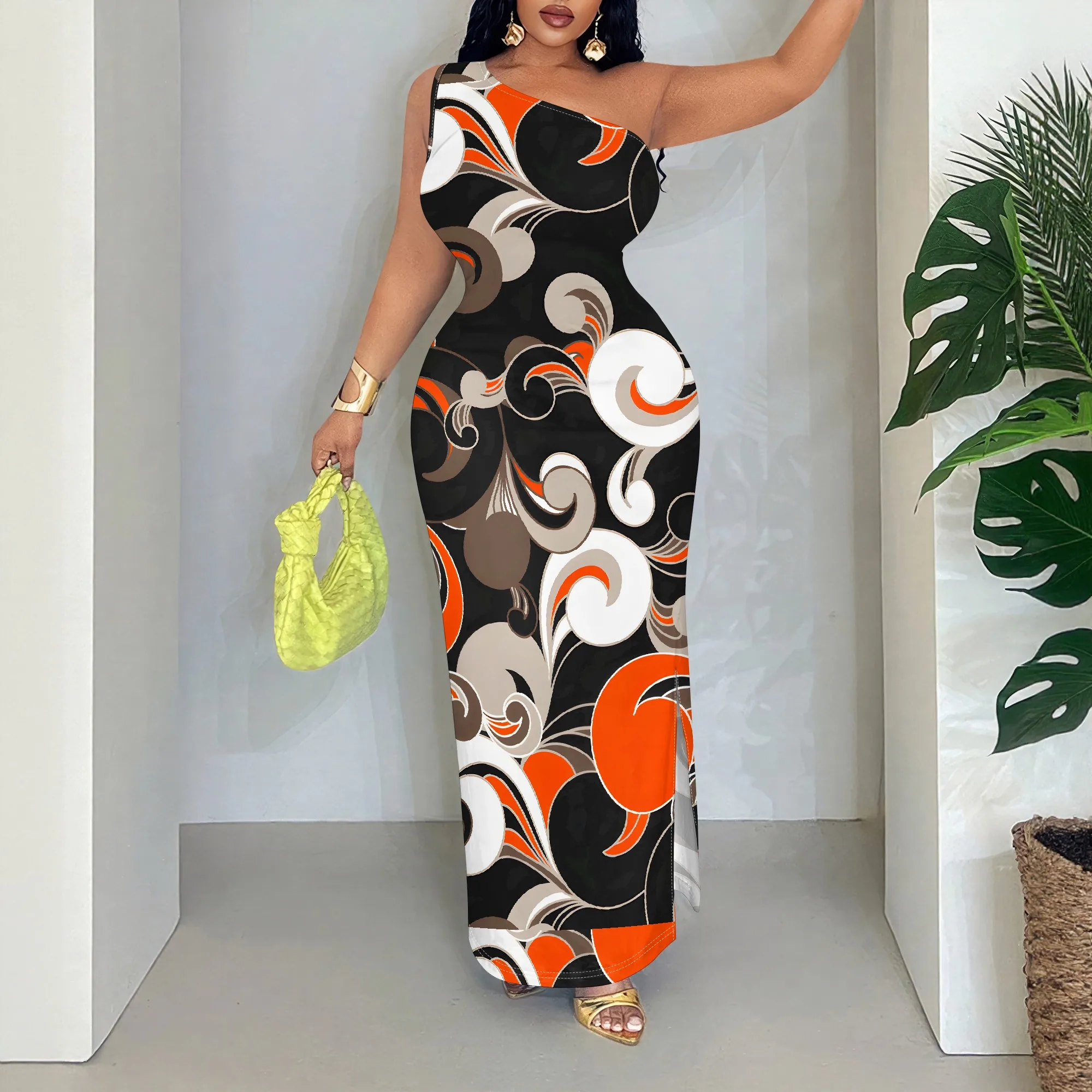 

Abstract Swirl Print One Shoulder Maxi Dress, Sleeveless Bodycon Gown, Asymmetric Neckline Evening Party Wear, S-2XL