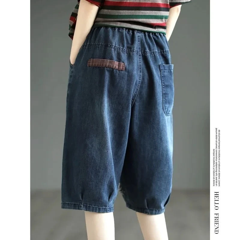 

Джинсовые брюки-шаровары с высокой талией, пять частей, женские брюки-шаровары с потертыми краями, лоскутная ткань, брюки из шести частей, женские свободные повседневные короткие джинсы