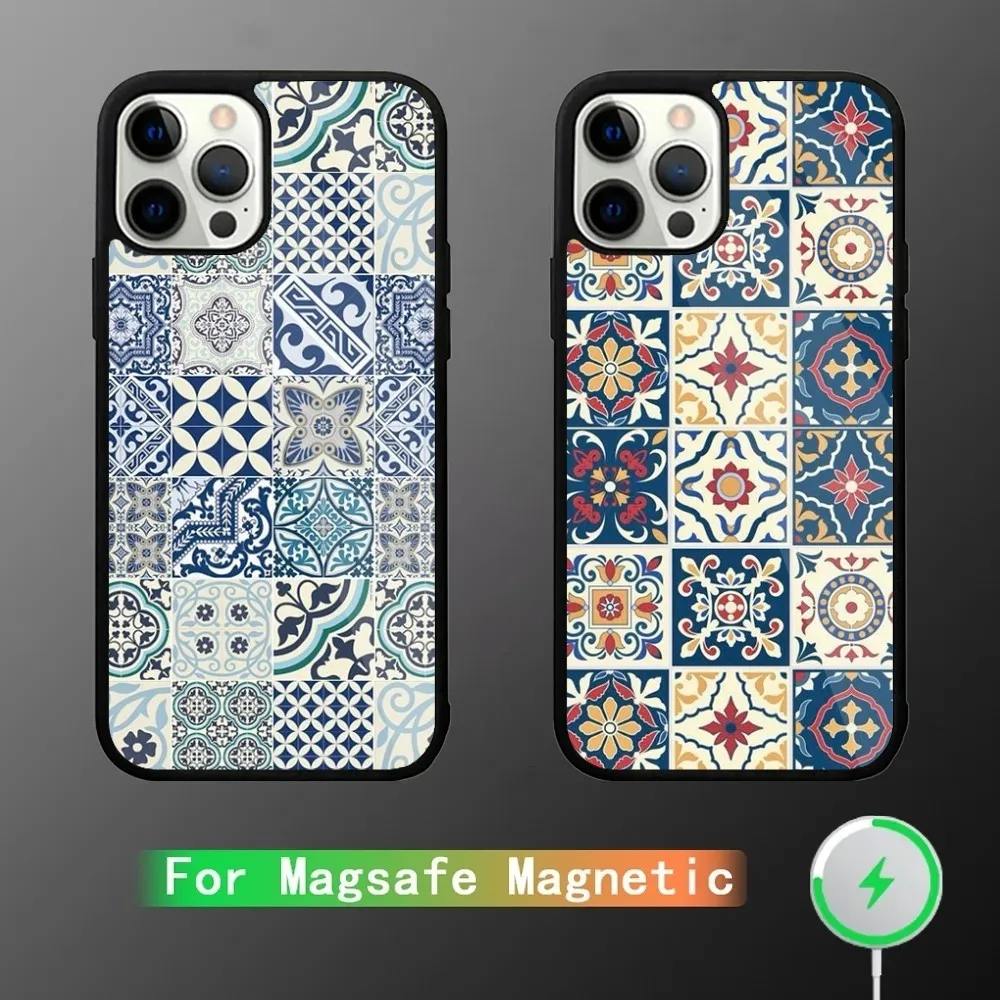 Moroccan Tile Phone Case For iPhone 15,14,13,12,11,Plus,Pro,Max Mini Magsafe Magnetic Wireless Charging