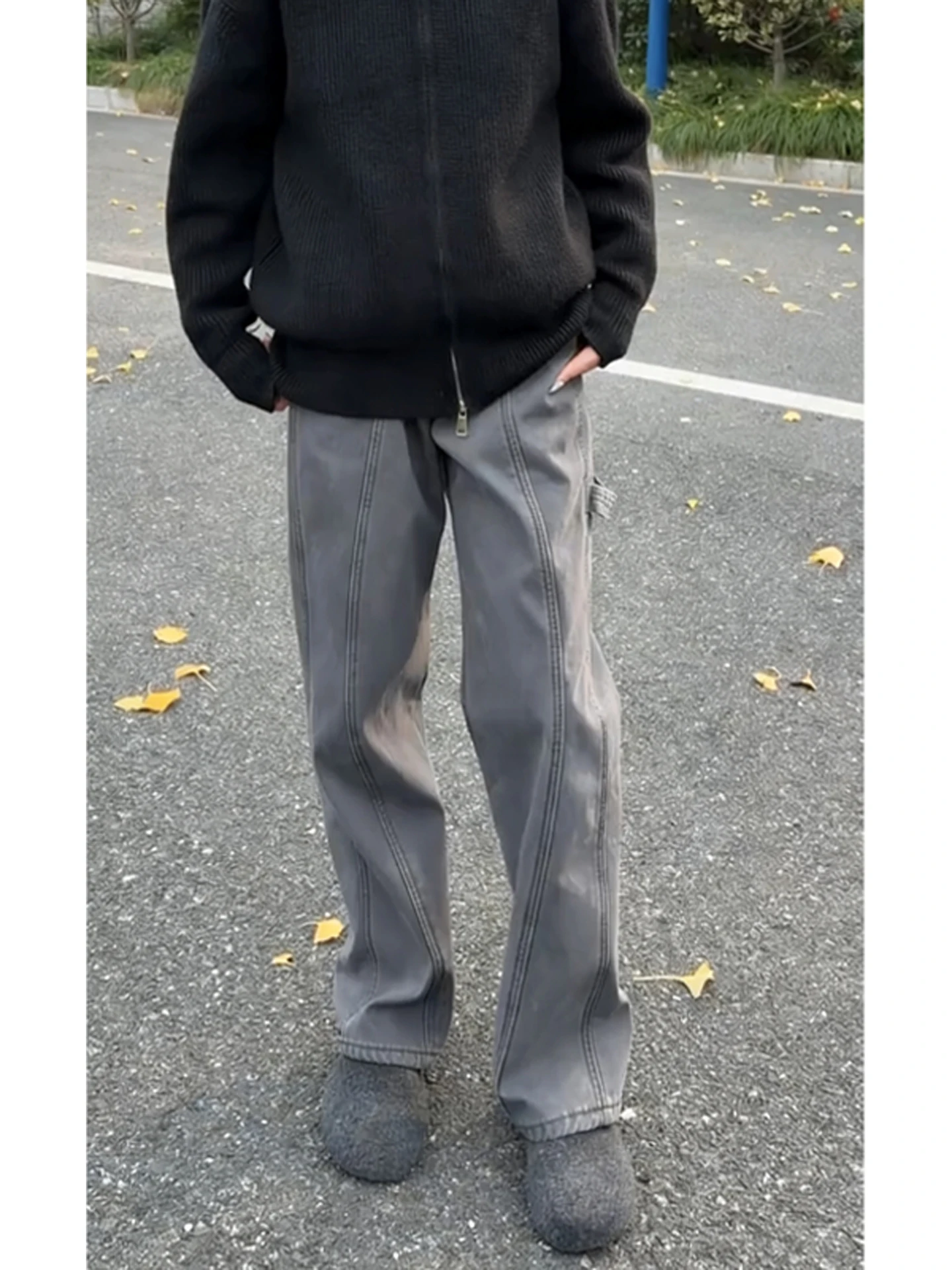 

ay Slanted Cut Jeans Men's Autumn Winter Fce Lined Straight Leg Slimming Long Leg American Sle Bell Bot Casual Jeans