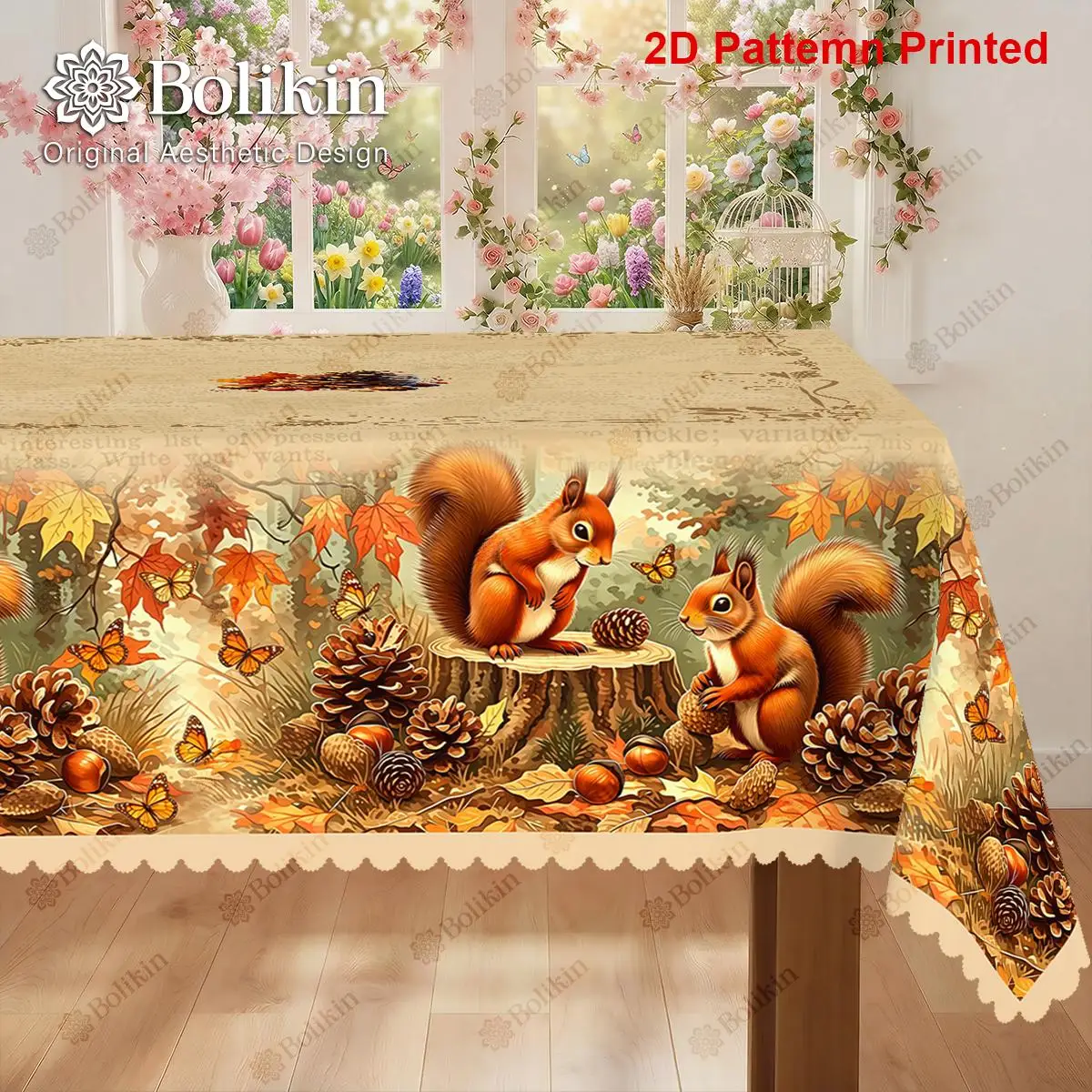 One item, a cute squirrel-themed tablecloth with a vintage autumn design featuring maple leaves and pinecones.zyc