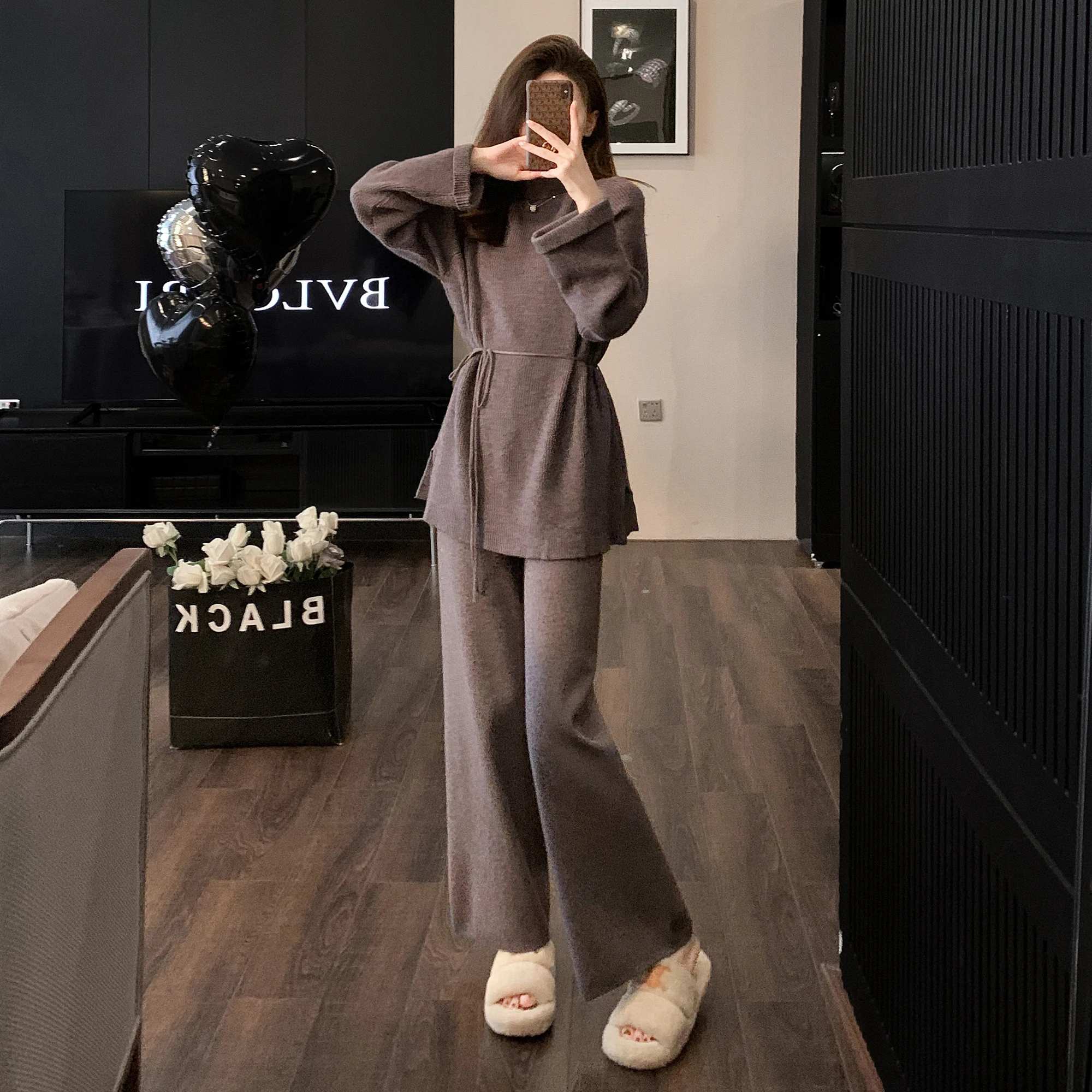 Women\'s Knitted Wide-leg Pants Set Loose Pullover Turtleneck Grey Suit Temperament Autumn Fashion 2-Piece Outfits 2024