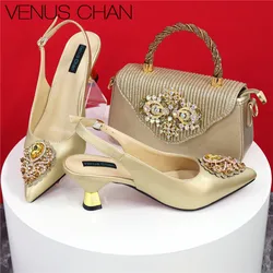 Green Color Hollow Design With Pointed Shoes And Fashion Three-Dimensional Bag Cozy Rhinestones Are Suitable For Parties