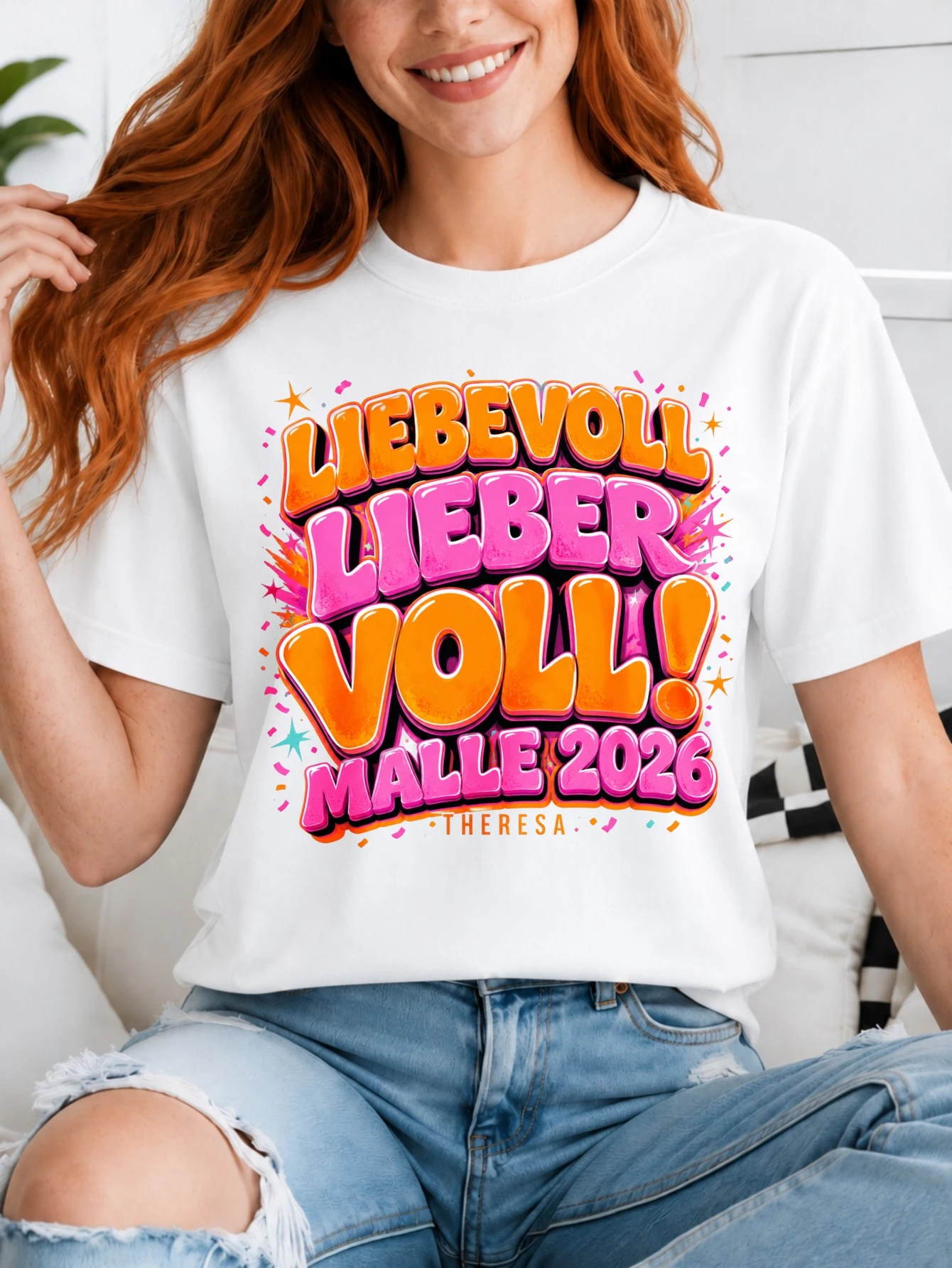 Liebevoll Lieber Voll Malle 2026 glossy 3D orange pink block letters with confetti and bold party  Unisex All T-Shirt